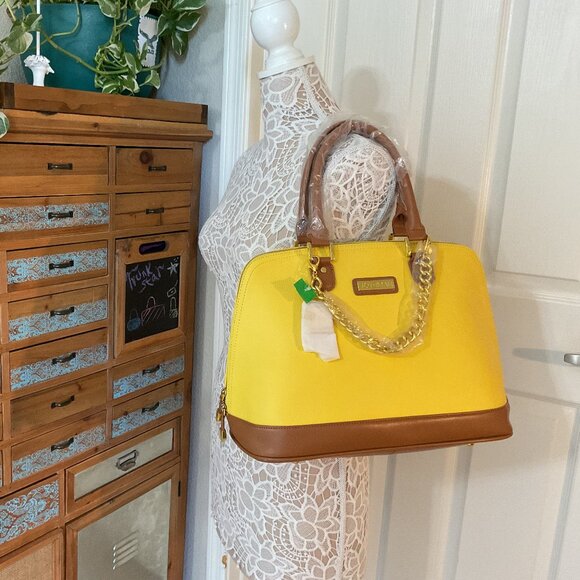 Joy & Iman Satchel Dome Handbag Faux Leather Yellow and Tan - NWT - Picture 6 of 15